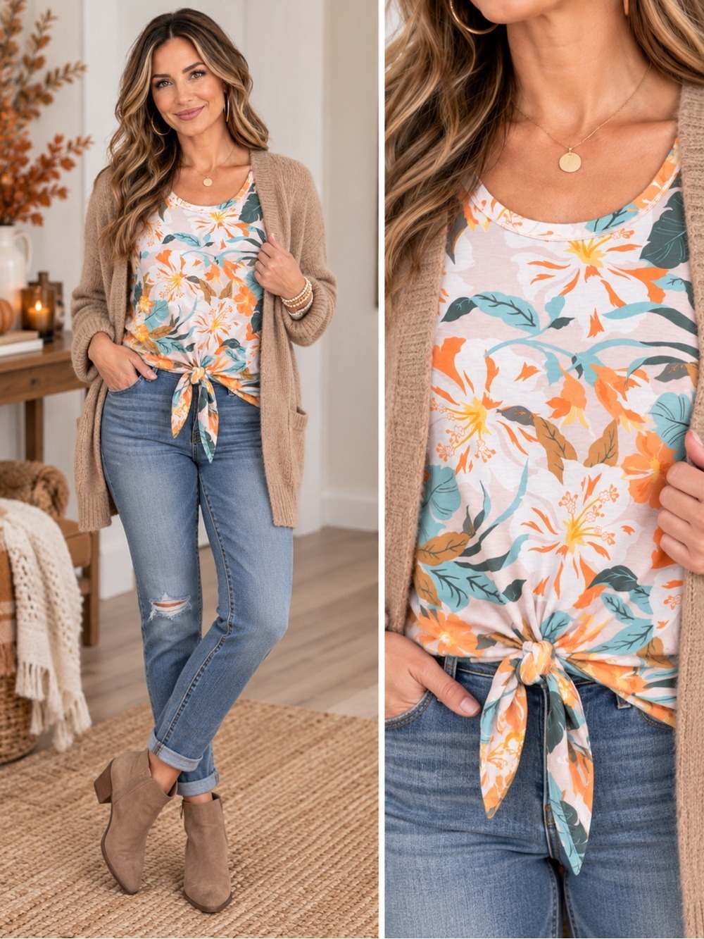 Tribal Floral Sleeveless Tie-Front Top Size L